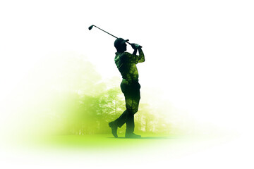 Double exposure of golf sport on white background.Created with Generative AI technology.