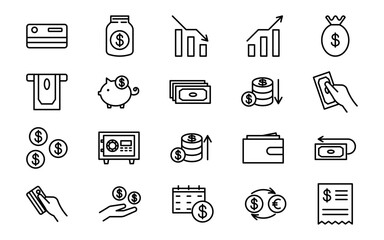 Fototapeta premium Vector set of money movement business icons. Editable stroke. Collection of finance icons. Profit, gain, investment, banking and payments. Money signs. Buying and paying icons.