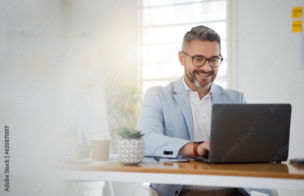 Poster happy business man typing on laptop for email update, online project and reading digital report with