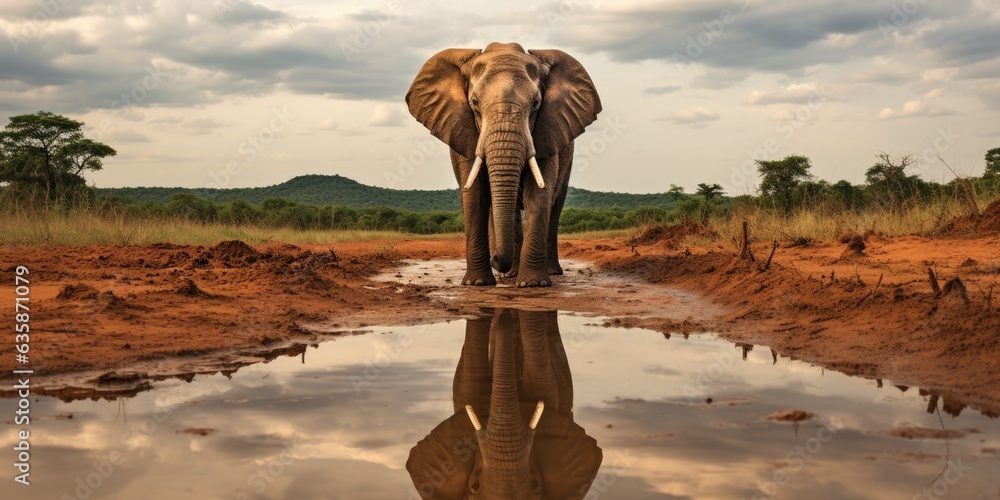 Poster an elephant is standing in a puddle of water. generative ai image.