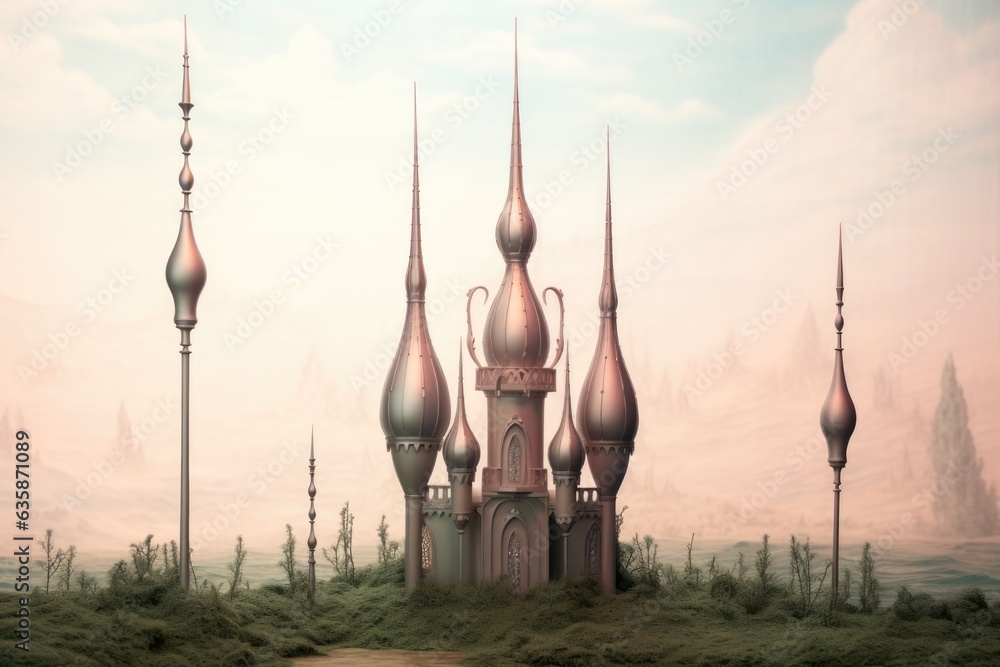 Poster a castle in the middle of a green field. generative ai image.