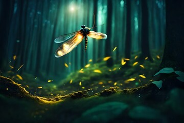 Abstract and magical image of Firefly flying in the night forest. Fairy tale concept ,Generative ai