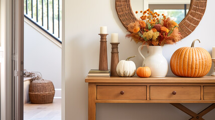 Autumnal hallway decor, interior design and house decoration, welcoming autumn entryway furniture, stairway and entrance hall home decor in an English country house and cottage style