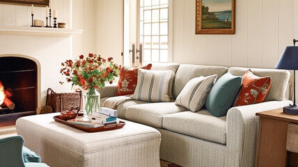 Fototapeta premium Interior design, home decor, sitting room and living room, white sofa and furniture in English country house and elegant cottage style