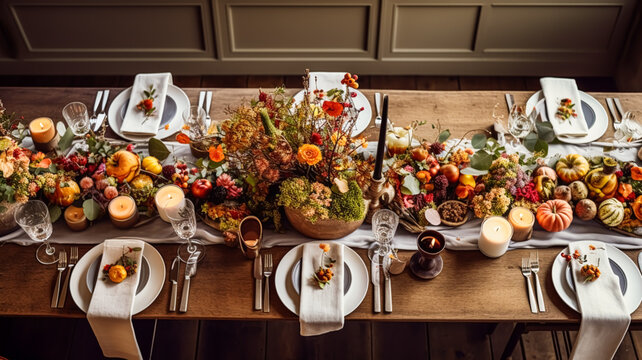 Autumn holiday tablescape, formal dinner table setting, table scape with elegant autumnal floral decor for wedding party and event decoration
