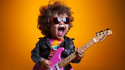 Baby rockstar musician with guitar - obrazy, fototapety, plakaty