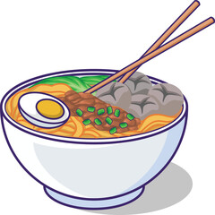 A bowl of noodles, Indonesian Food Mie Ayam Bakso. Vector noodles with, meatballs, chicken and vegetables suitable for design elements, menu, advertising, banners, stickers or t-shirt designs.