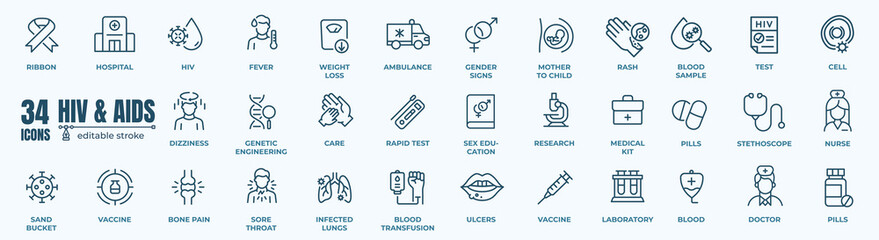 HIV and Aids thin line icons. Editable stroke. For website marketing design, logo, app, template, ui, etc. Vector illustration.