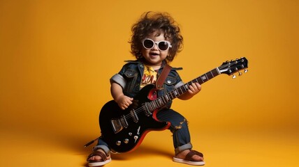 Baby rockstar with electric guitar