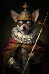 Ironic chihuahua dog portrait, King, Queen, Prince, Dressed, Medieval, Renaissance. CHIHUAHUA ABSOLUTE KING. 3D doggy dressed up as a sovereign with cloak, scepter, crown, and royal clothes.