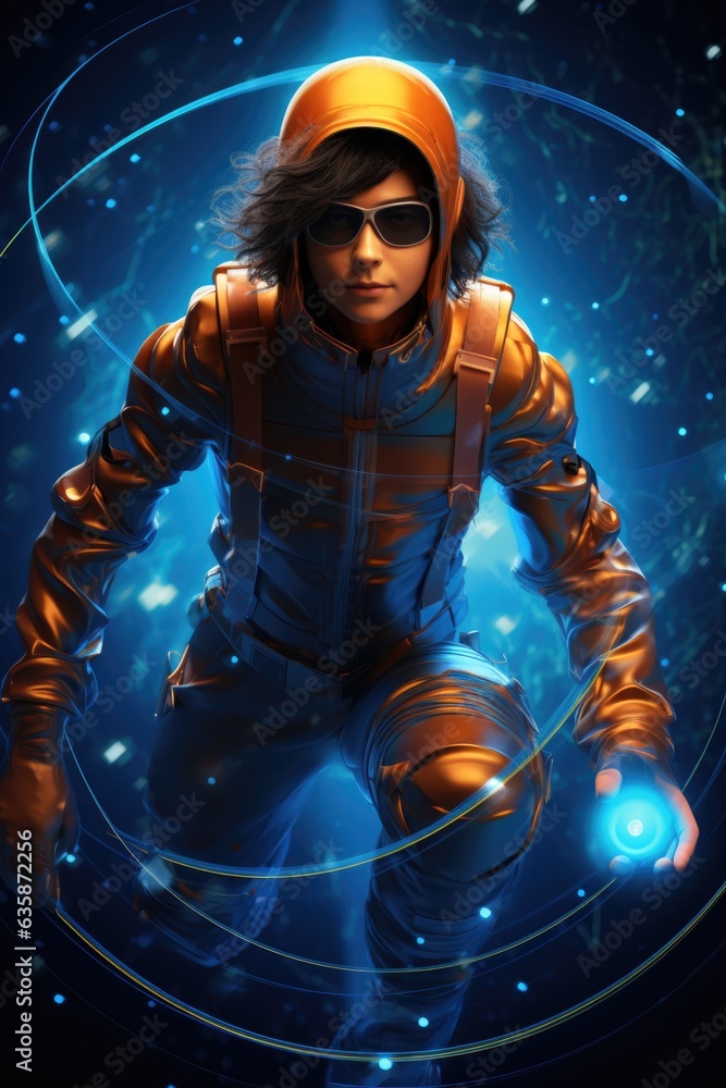 Poster a man in a space suit with a glowing orb. generative ai image.