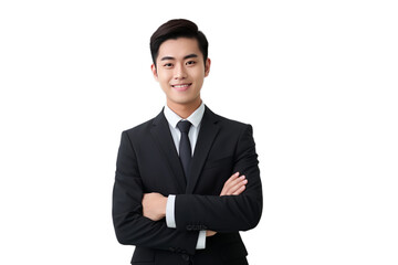 Obraz na płótnie Canvas Smiling asian businessman in a black suit with a tie isolated on transparent background PNG