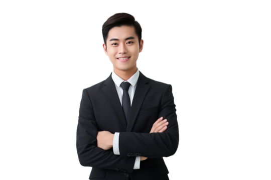 Smiling asian businessman in a black suit with a tie isolated on transparent background PNG