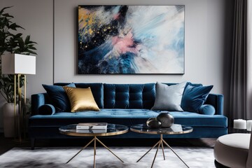 Contemporary living room with blue velvet sofa, stylish side table, and sophisticated decor.