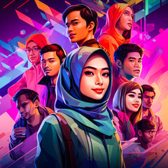 Fototapeta premium group of Asian people and hijab girls