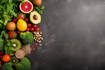 healthy food products on a gray background with space for text