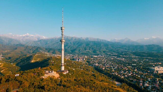 Aerial Panorama of Almaty city with TV tower in Kazakhstan