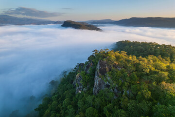 Obraz premium Landscape in the morning at Pha Muak mountain, border of Thailand and Laos, Loei province, Thailand.
