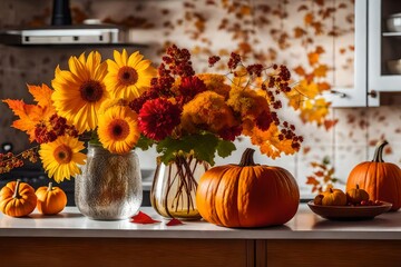 Naklejka na ściany i meble Autumn kitchen interior. Red and yellow leaves and flowers in the vase and pumpkin on light background , Generative ai