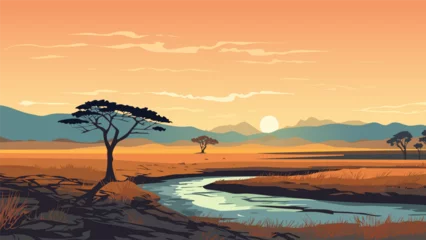 Foto op Aluminium Beautiful African landscape of savanna and river at sunset. Amazing African wildlife landscape. Beautiful landscape for printing. Vector illustration.  © LoveSan
