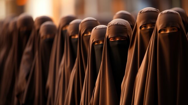 A group of women in burkas standing in a line. Generative AI image.