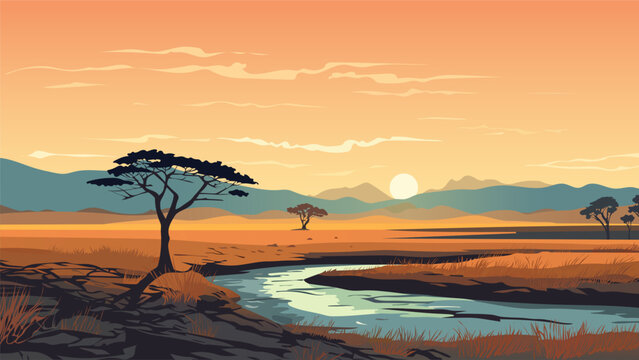 Beautiful African landscape of savanna and river at sunset. Amazing African wildlife landscape. Beautiful landscape for printing. Vector illustration.
