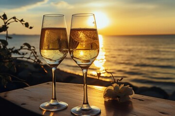 glass of wine on the table sunset on the sea