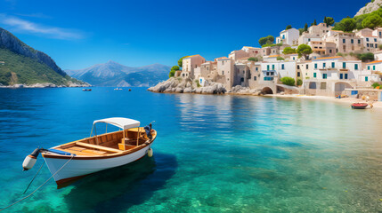 Immerse yourself in the captivating beauty of the Mediterranean Sea with this breathtaking image. Crystal-clear waters glisten under the warm Mediterranean sun, gently lapping against picturesque sand - obrazy, fototapety, plakaty