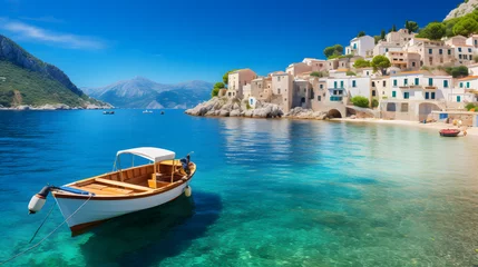 Papier Peint photo Europe méditerranéenne Immerse yourself in the captivating beauty of the Mediterranean Sea with this breathtaking image. Crystal-clear waters glisten under the warm Mediterranean sun, gently lapping against picturesque sand