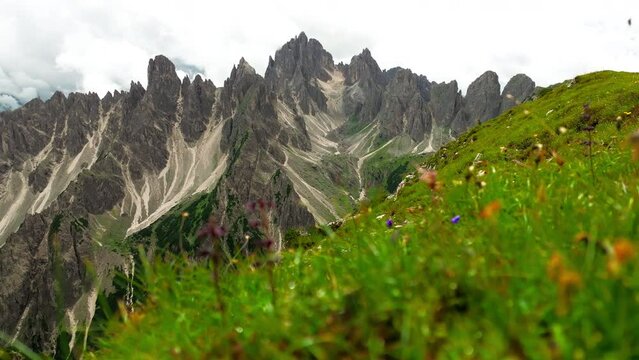 Aerial view Cadini di Misurina mountain group in Dolomites, Italy, part of Tre Cime di Levaredo national park and UNESCO world heritage site.