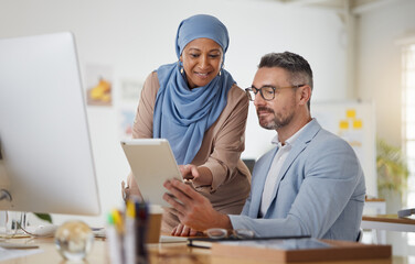Teamwork, mentor and tablet with business people in office for support, diversity and meeting....