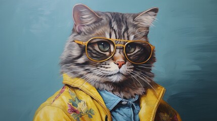 3d ironic portrait, Cat, Retro, Vintage, Yellow, Sunglasses, Dressed, Wallpaper. EARLY EIGHTIES CAT. Kitten with yellow flashy jacket, sunglasses, blue shirt. Flowers as a decoration on the dress.