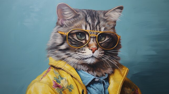 3d ironic portrait, Cat, Retro, Vintage, Yellow, Sunglasses, Dressed, Wallpaper. EARLY EIGHTIES CAT. Kitten with yellow flashy jacket, sunglasses, blue shirt. Flowers as a decoration on the dress.