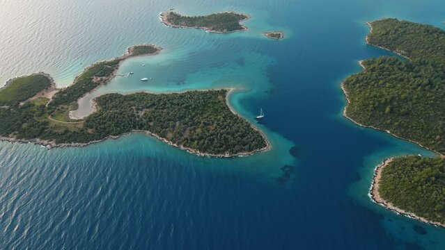 aerial drone view on beautiful seascape of mediterranean sea coastline at Marmaris Area, Turkey. turquoise water, paradise islands different shapes and sizes, cozy bays ideal for yachts and boats