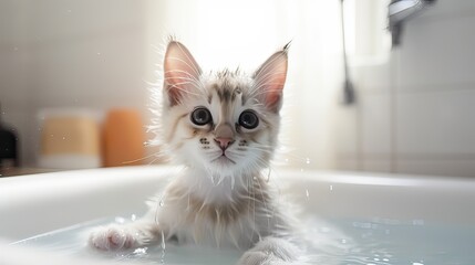 A wet kitten in the bathtub, with foam and water splashing close up.	
