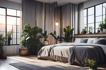 Cozy bedroom area at luxury studio apartment with a free layout in a loft style with big panoramic window and green plant , Generative ai