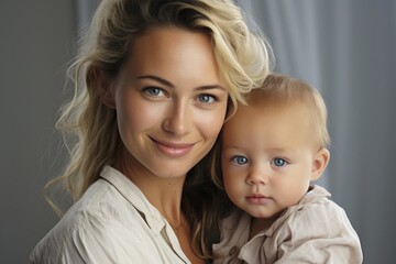 Pretty woman holding baby in her hands. Bright portrait of loving mom carying of her child at home.