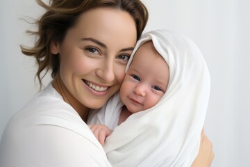 Pretty woman holding newborn baby in her hands. Bright portrait of loving mom carying of her infant child at home.