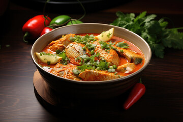Indian spicy fish curry served in a bowl, moody background