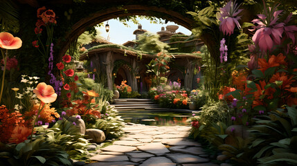 Fototapeta na wymiar entrance to the fabulous garden of flowering plants, flowers, various shapes, palettes of green tones, bright textures, beautiful background