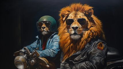 Motorcyclist lion, Biker, Rider, Motorcycle, Motorbike, American, USA, Sunglasses, Wallpaper. WILD COMPANIES. Lions on sidecar. Green helmet, blue denim. Friend with biker leather jacket.