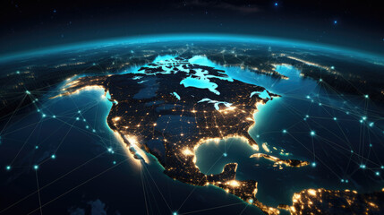 Telecommunication network above Europe viewed from space . Created with Generative AI technology.