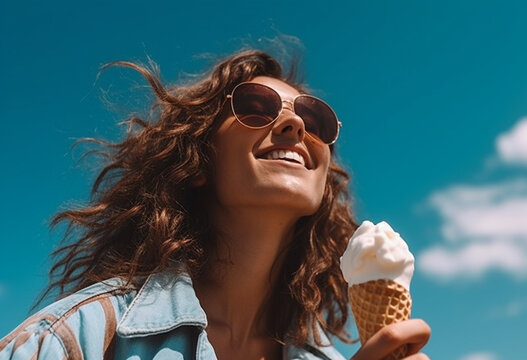 Stylish Woman Enjoying an Ice Cream Under the Summer Sun with Sunglasses - AI generated