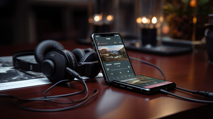 The phone and headphones are on the desk.