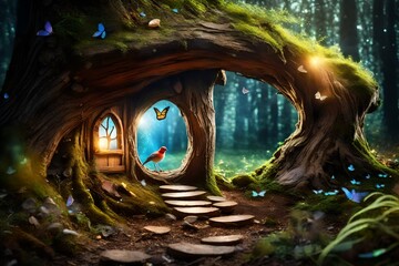 Enchanted fairy forest with magical shining window in hollow tree, large mushroom with bird and flying magic butterfly leaving path with luminous sparkles , Generative ai