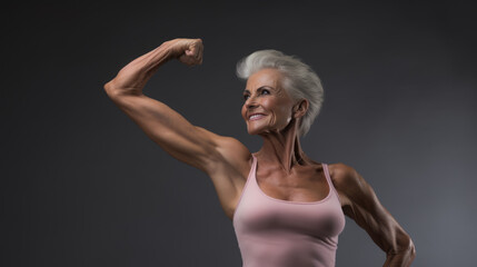 Obraz premium Older woman in great physical shape shows her biceps on gray background.