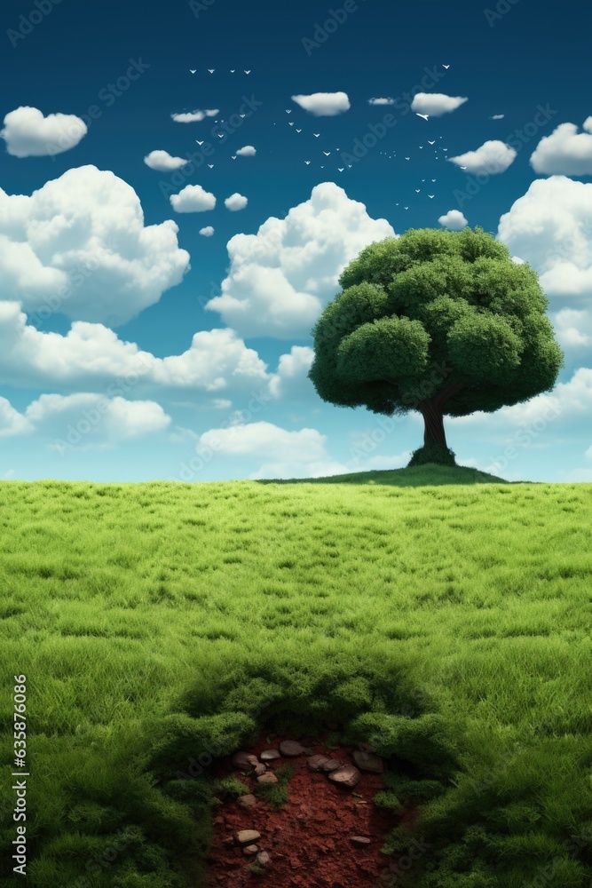 Poster a green field with a lone tree on top of it. generative ai image.