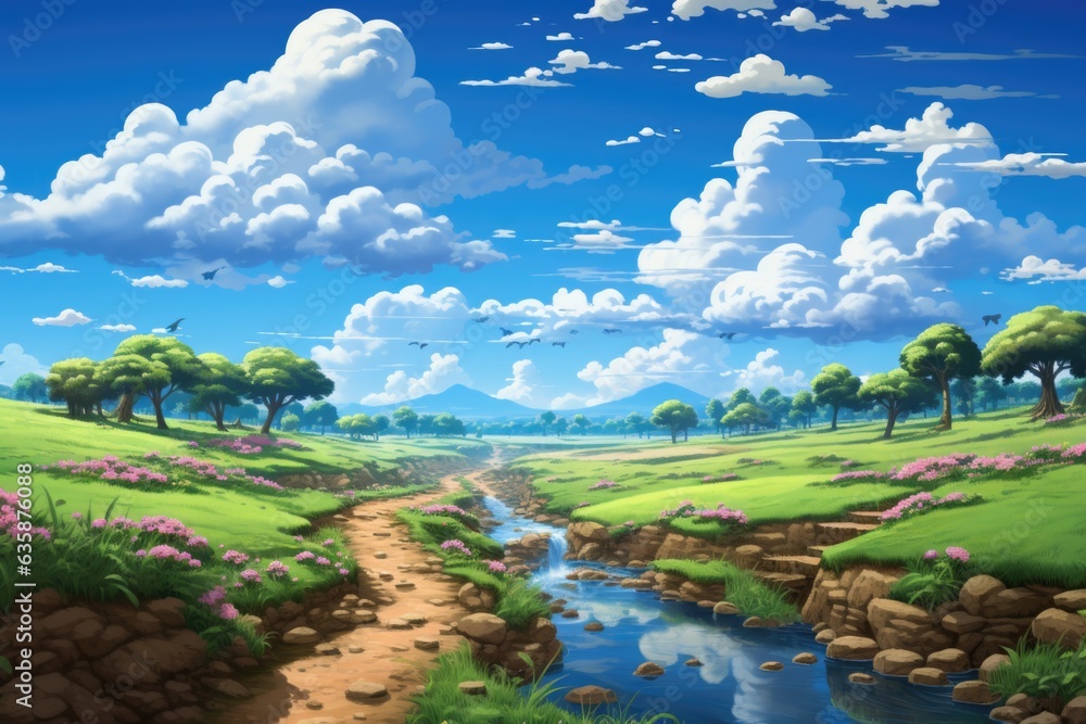 Poster a painting of a stream running through a lush green field. generative ai image.