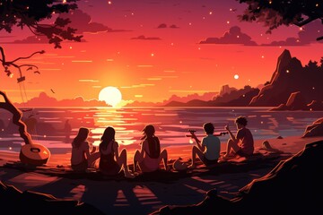 Beach Bonfire Illustrate a group of young people - colorfull graphic novel illustration in comic style - obrazy, fototapety, plakaty
