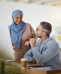 Training, question and computer with business people in office for creative, diversity and...